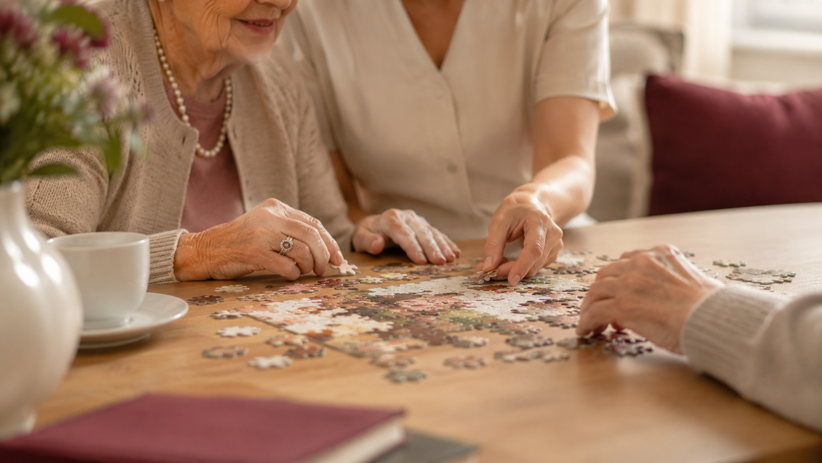 Seniorenresidenz in Karlsruhe: Mehrere Personen sitzen an einem Tisch und puzzeln.