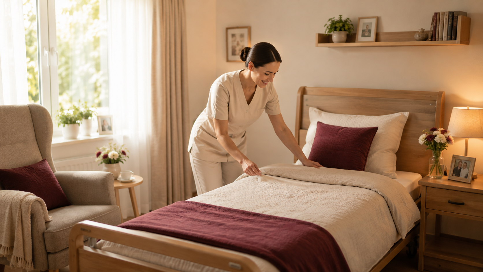 Wohnkonzept unserer Seniorenresidenz: Eine Betreuerin richtet ein Bett.